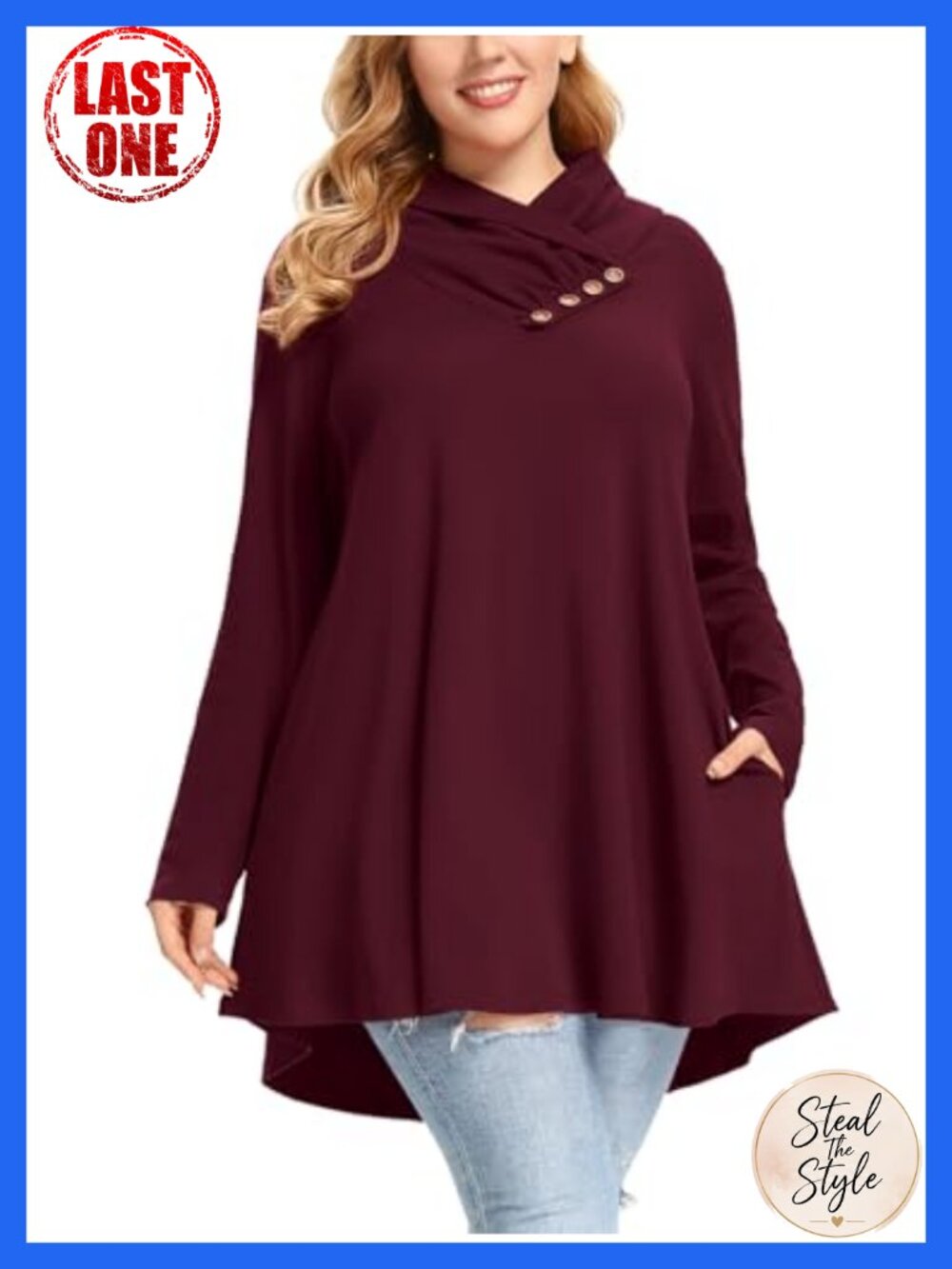 Plus Size Cowl Neck Tunic Sweatshirt with Pockets Button Loose Fit